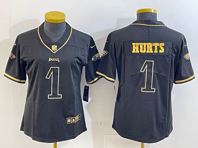 Youth Philadelphia Eagles #1 Hurts Black gold 2025 Nike Vapor Limited NFL Jersey style 1